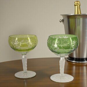 Champagne Coupes -- Green/Yellow Bohemian/Czech Cut-to-Clear Crystal, Set of 2